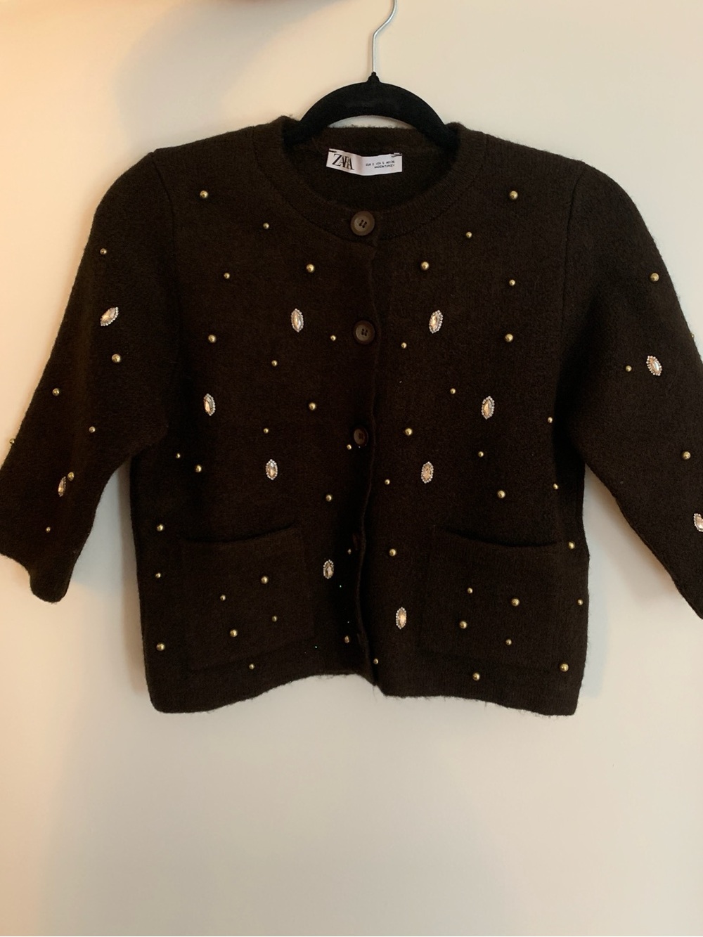 Zara Black Knit Cardigan with Pearl & Crystal Accents